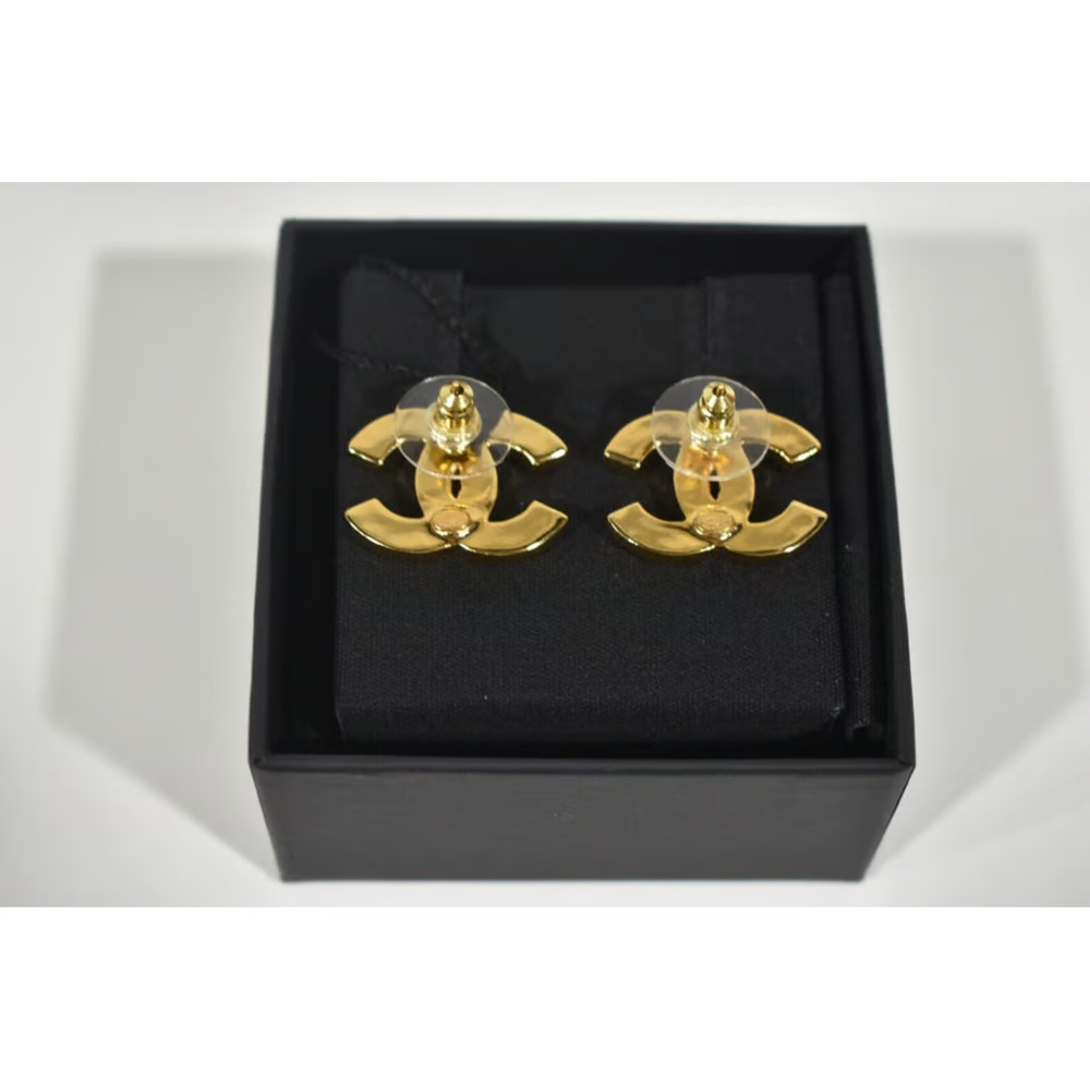 Chanel 23C Gold Black Interlocking CC Logo Classic Drop Statement Stud Earrings - Picture 6 of 8